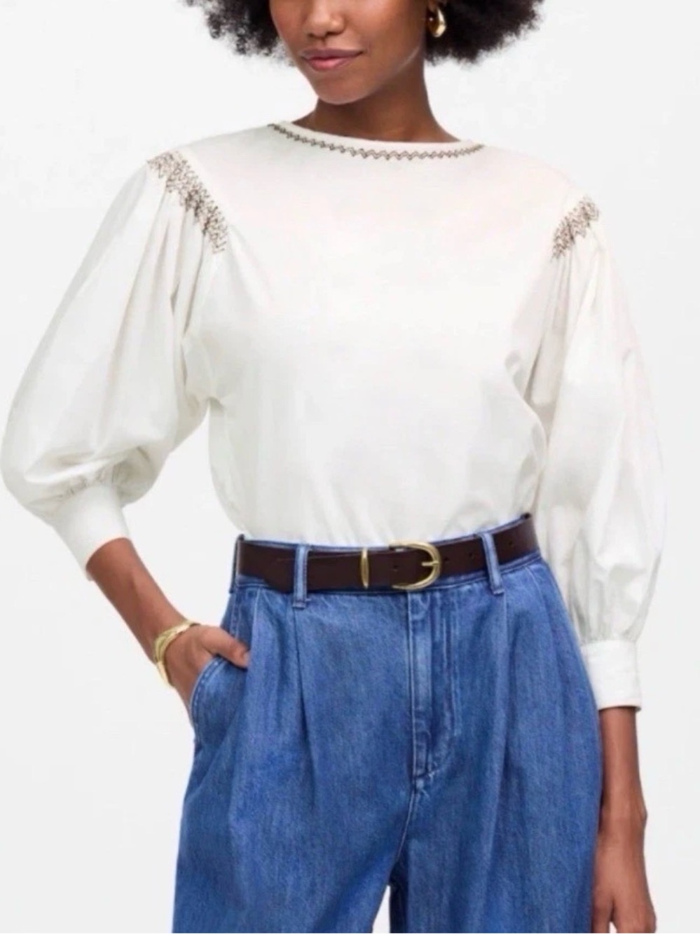 Madewell white/brown Embroidered 3/4 Puff-Sleeve Blouse size small #1326